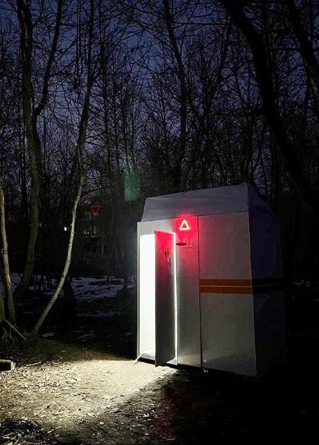 Smart Kiosks with Integrated Relief Systems. An Interactive and Eco-friendly Solution for Emergency Provisions. The durable structure of the kiosk provides shelter against the elements and wildlife, and also allows patrons a convenient location to recuperate